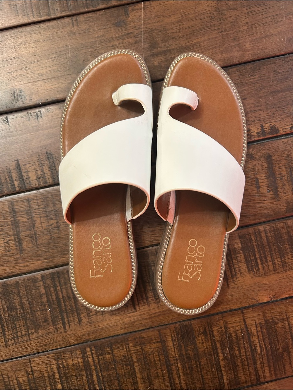 Franco Sarto White and Tan Slide Sandals with Toe Loop